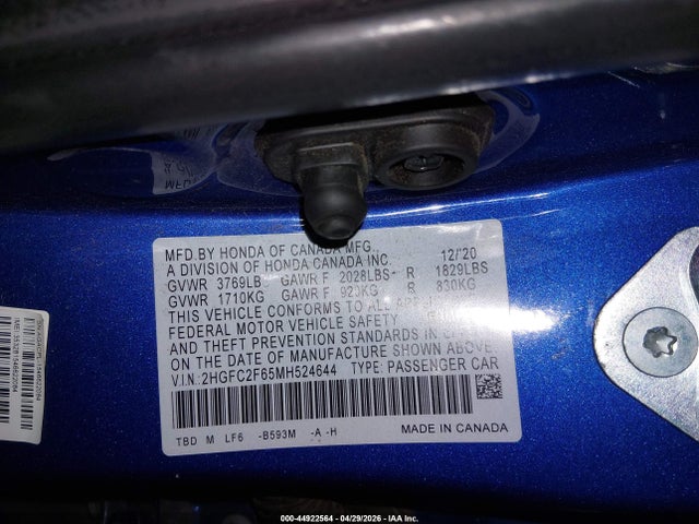 44922564 :رقم المزاد ، 2HGFC2F65MH524644 vin ، 2021 Honda Civic Lx مزاد بيع