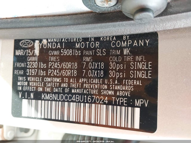 Продажа на аукционе авто 2011 Hyundai Veracruz Limited, vin: KM8NUDCC4BU167024, номер лота: 44922571