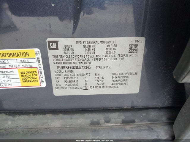 44922579 :رقم المزاد ، 1GNKRFED2DJ243345 vin ، 2013 Chevrolet Traverse Ls مزاد بيع