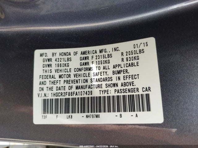 Honda Accord Ex-l 2015 1HGCR2F86FA107439 Image 9