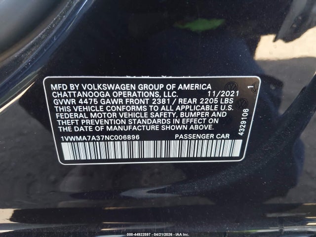 Aukcja sprzedaży 2022 Volkswagen Passat 2.0t R-line, vin: 1VWMA7A37NC006896, numer aukcji: 44922597