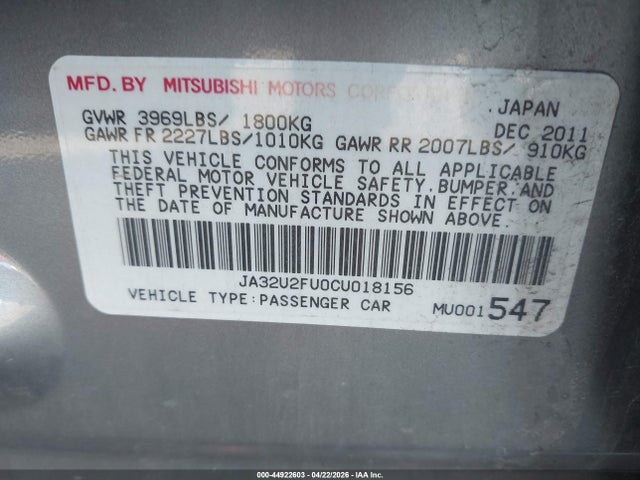44922603 :رقم المزاد ، JA32U2FU0CU018156 vin ، 2012 Mitsubishi Lancer Es مزاد بيع