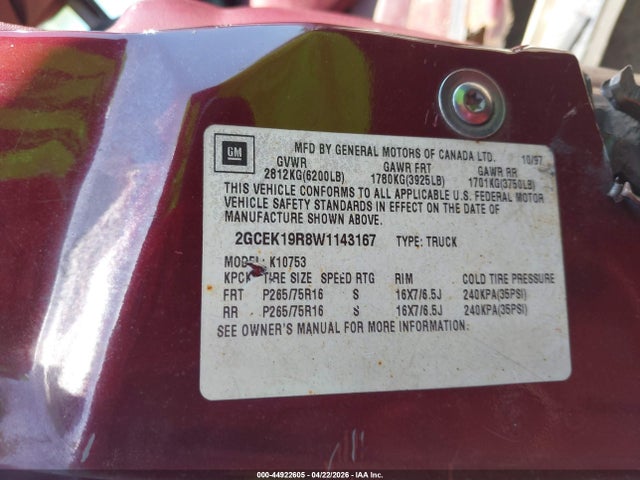 Aukcja sprzedaży 1998 Chevrolet K1500 Fleetside, vin: 2GCEK19R8W1143167, numer aukcji: 44922605