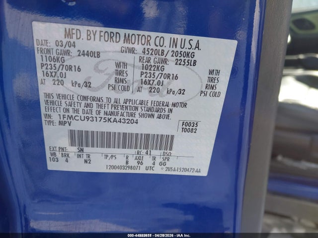 Продажа на аукционе авто 2005 Ford Escape Xlt, vin: 1FMCU93175KA43204, номер лота: 44922637
