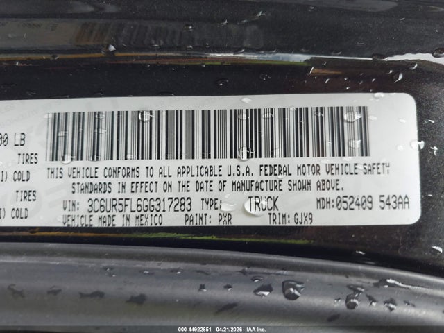 44922651 :رقم المزاد ، 3C6UR5FL6GG317283 vin ، 2016 Ram 2500 Laramie مزاد بيع