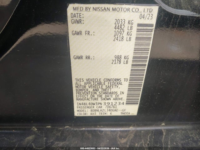 44922653 :رقم المزاد ، 1N4BL4DW3PN391234 vin ، 2023 Nissan Altima Sv Intelligent Awd مزاد بيع