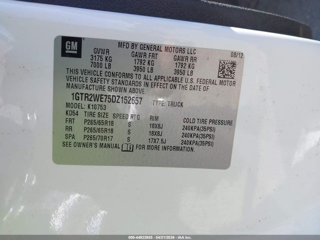 44922655 :رقم المزاد ، 1GTR2WE75DZ152657 vin ، 2013 Gmc Sierra 1500 Slt مزاد بيع