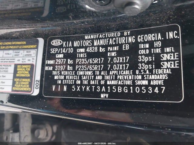 44922657 :رقم المزاد ، 5XYKT3A15BG105347 vin ، 2011 Kia Sorento Lx مزاد بيع