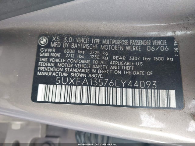 Aukcja sprzedaży 2006 Bmw X5 3.0i, vin: 5UXFA13576LY44093, numer aukcji: 44922658