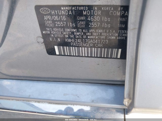 2016 Hyundai Sonata Hybrid Se მანქანა იყიდება აუქციონზე, vin: KMHE24L17GA041723, აუქციონის ნომერი: 44922664