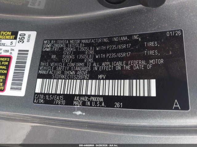 Продаж на аукціоні авто 2026 Toyota Sienna Xle, vin: 5TDYRKEC1TS299782, номер лоту: 44922669