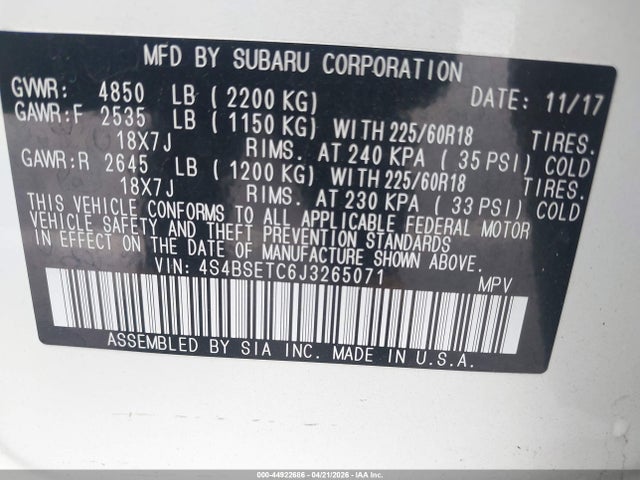 Aukcja sprzedaży 2018 Subaru Outback 3.6r Touring, vin: 4S4BSETC6J3265071, numer aukcji: 44922686