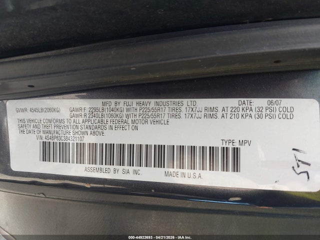 Продаж на аукціоні авто 2008 Subaru Outback 2.5xt Limited, vin: 4S4BP63C384321107, номер лоту: 44922693