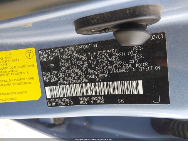 Auction sale of the 2008 Toyota Highlander Hybrid, vin: JTEEW41A282018496, lot number: 44922718