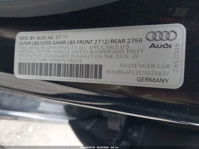 44922730 :رقم المزاد ، WAUBGAFC2CN025837 vin ، 2012 Audi A6 3.0 Premium مزاد بيع