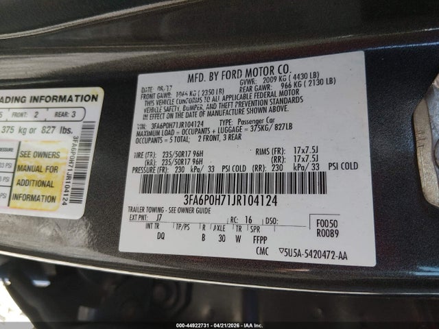 Aukcja sprzedaży 2018 Ford Fusion Se, vin: 3FA6P0H71JR104124, numer aukcji: 44922731