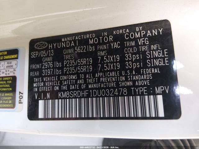2013 Hyundai Santa Fe Limited მანქანა იყიდება აუქციონზე, vin: KM8SRDHF1DU032478, აუქციონის ნომერი: 44922732
