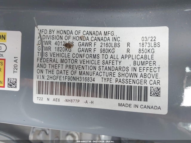 Honda Civic Touring 2022 2HGFE1F90NH316834 Image 9
