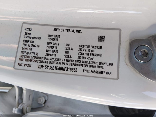 2022 Tesla Model 3 Rear-wheel Drive მანქანა იყიდება აუქციონზე, vin: 5YJ3E1EA6NF316663, აუქციონის ნომერი: 44922744