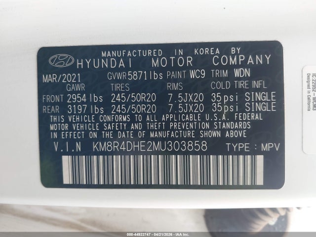 44922747 :رقم المزاد ، KM8R4DHE2MU303858 vin ، 2021 Hyundai Palisade Sel مزاد بيع
