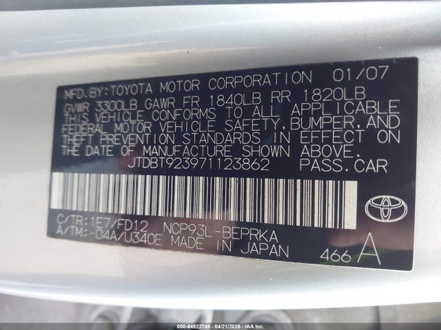 Aukcja sprzedaży 2007 Toyota Yaris, vin: JTDBT923971123862, numer aukcji: 44922748
