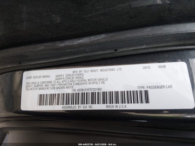 Aukcja sprzedaży 2009 Subaru Legacy 2.5i, vin: 4S3BL616797221962, numer aukcji: 44922750