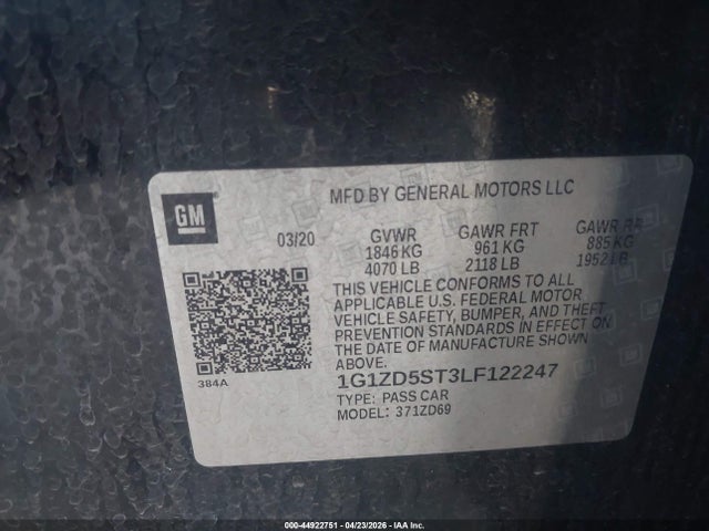Aukcja sprzedaży 2020 Chevrolet Malibu Fwd Lt, vin: 1G1ZD5ST3LF122247, numer aukcji: 44922751