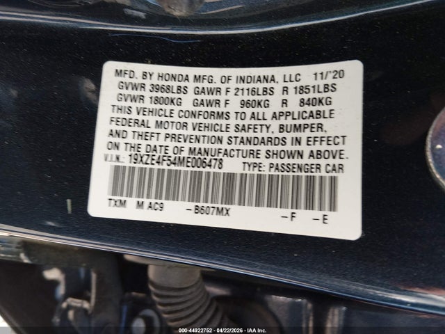 2021 Honda Insight Ex მანქანა იყიდება აუქციონზე, vin: 19XZE4F54ME006478, აუქციონის ნომერი: 44922752