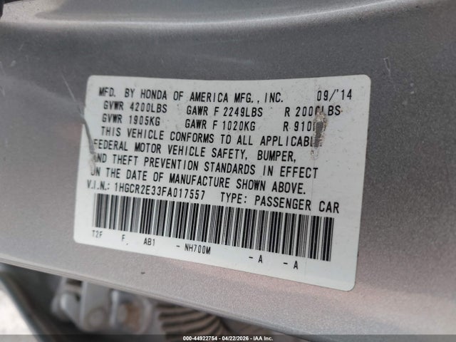 Продажа на аукционе авто 2015 Honda Accord Lx, vin: 1HGCR2E33FA017557, номер лота: 44922754