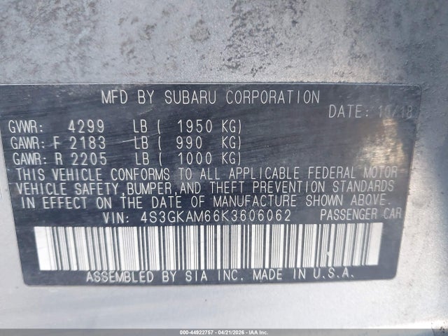 44922757 :رقم المزاد ، 4S3GKAM66K3606062 vin ، 2019 Subaru Impreza 2.0i Sport مزاد بيع