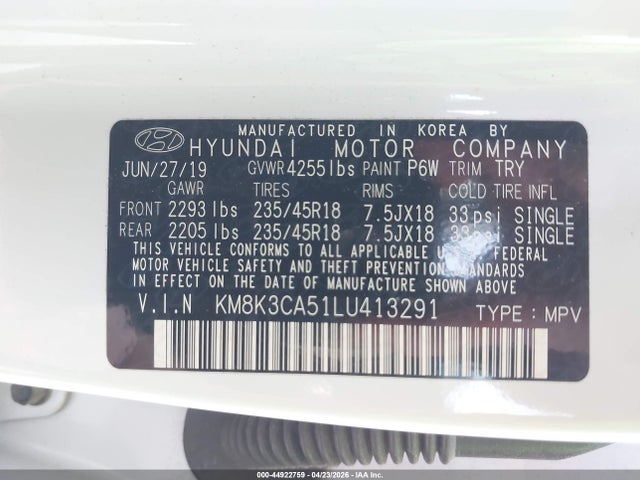 44922759 :رقم المزاد ، KM8K3CA51LU413291 vin ، 2020 Hyundai Kona Limited مزاد بيع