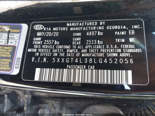 Aukcja sprzedaży 2020 Kia Optima Se, vin: 5XXGT4L38LG452056, numer aukcji: 44922762