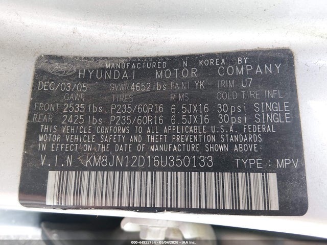 Aukcja sprzedaży 2006 Hyundai Tucson Gls/limited, vin: KM8JN12D16U350133, numer aukcji: 44922764