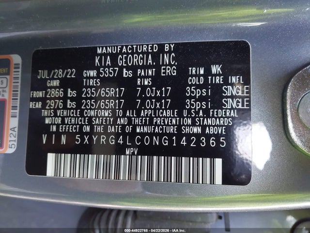 44922768 :رقم المزاد ، 5XYRG4LC0NG142365 vin ، 2022 Kia Sorento Lx مزاد بيع