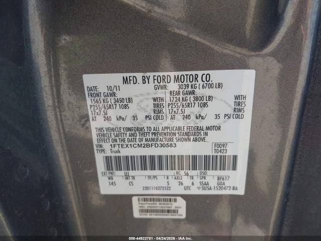 Aukcja sprzedaży 2011 Ford F-150 Xl, vin: 1FTEX1CM2BFD30583, numer aukcji: 44922781