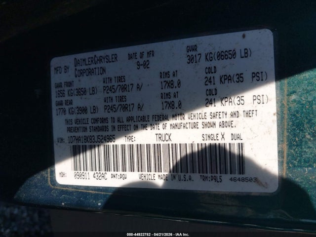 Продажа на аукционе авто 2003 Dodge Ram 1500 St, vin: 1D7HA18K83J524965, номер лота: 44922782
