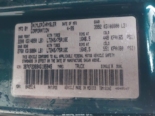Aukcja sprzedaży 1999 Dodge Ram 2500 St, vin: 3B7KF2369XG195945, numer aukcji: 44922784