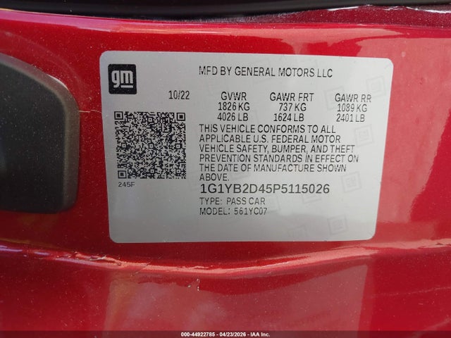 44922785 :رقم المزاد ، 1G1YB2D45P5115026 vin ، 2023 Chevrolet Corvette Stingray Rwd  2lt مزاد بيع