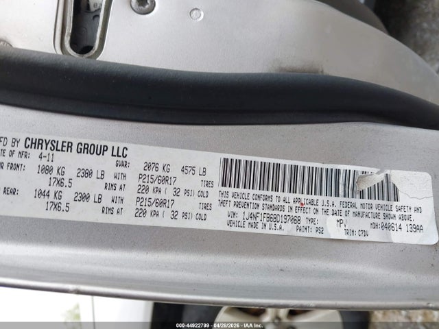 2011 Jeep Compass მანქანა იყიდება აუქციონზე, vin: 1J4NF1FB6BD197068, აუქციონის ნომერი: 44922799