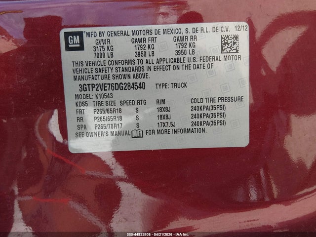 44922806 :رقم المزاد ، 3GTP2VE76DG284540 vin ، 2013 Gmc Sierra 1500 Sle مزاد بيع