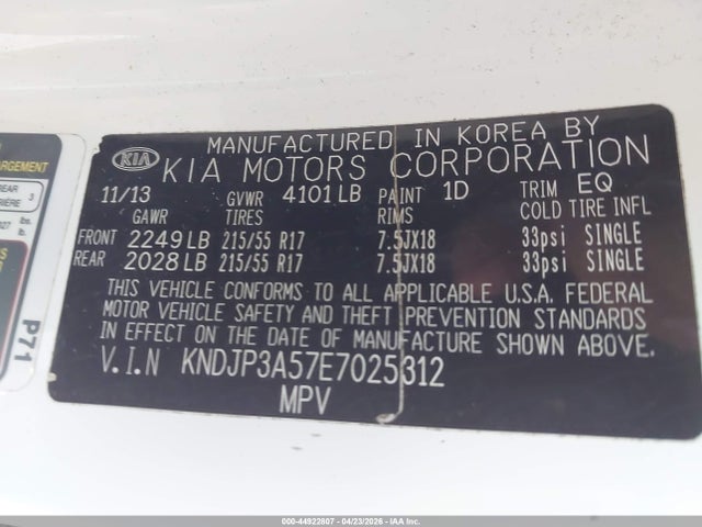 44922807 :رقم المزاد ، KNDJP3A57E7025312 vin ، 2014 Kia Soul + مزاد بيع