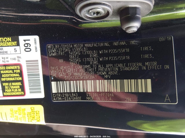 Aukcja sprzedaży 2019 Toyota Sienna Limited Premium 7 Passenger, vin: 5TDYZ3DC5KS973941, numer aukcji: 44922813