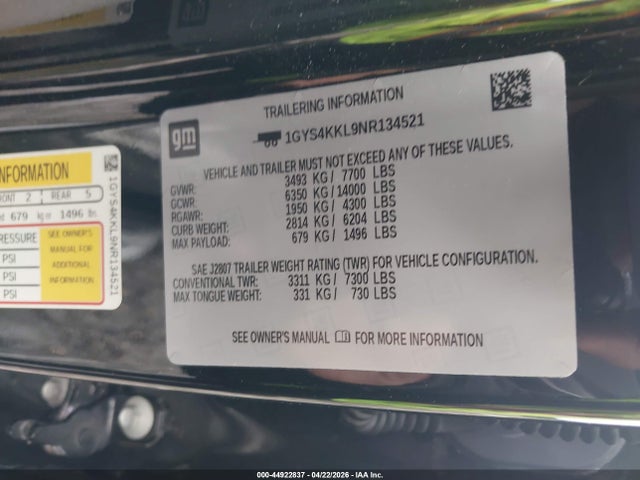 Продажа на аукционе авто 2022 Cadillac Escalade Esv 4wd Premium Luxury, vin: 1GYS4KKL9NR134521, номер лота: 44922837