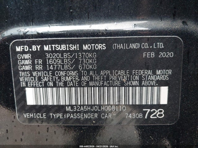 44922839 :رقم المزاد ، ML32A5HJ0LH008110 vin ، 2020 Mitsubishi Mirage Gt مزاد بيع
