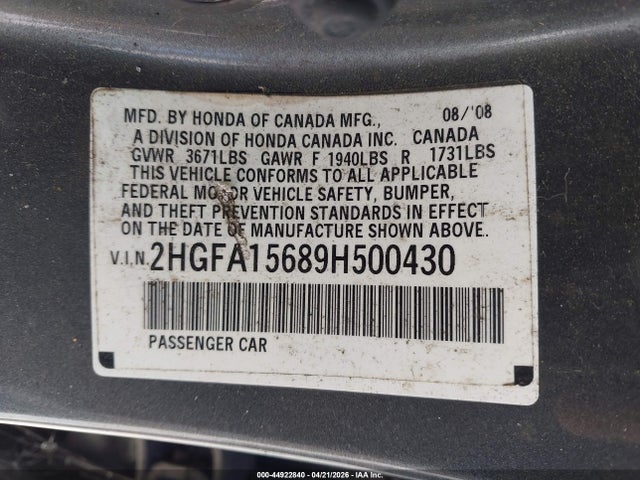 Aukcja sprzedaży 2009 Honda Civic Lx-s, vin: 2HGFA15689H500430, numer aukcji: 44922840