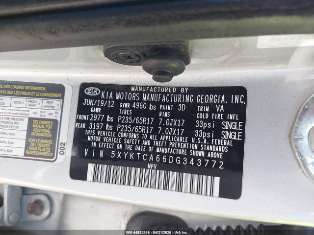 Продаж на аукціоні авто 2013 Kia Sorento Lx, vin: 5XYKTCA66DG343772, номер лоту: 44922846