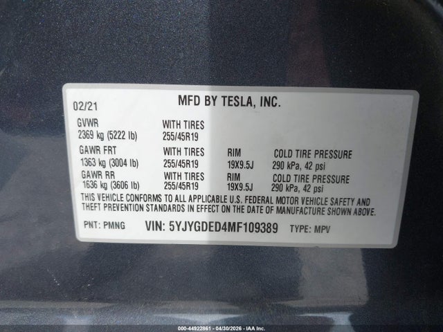 5YJYGDED4MF109389 Tesla Model Y Standard Range Rear-wheel Drive