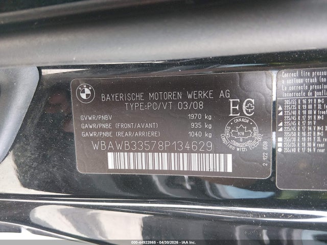2008 Bmw 328i მანქანა იყიდება აუქციონზე, vin: WBAWB33578P134629, აუქციონის ნომერი: 44922865