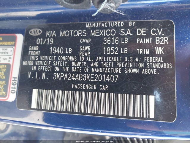 Продажа на аукционе авто 2019 Kia Rio S, vin: 3KPA24AB3KE201407, номер лота: 44922873