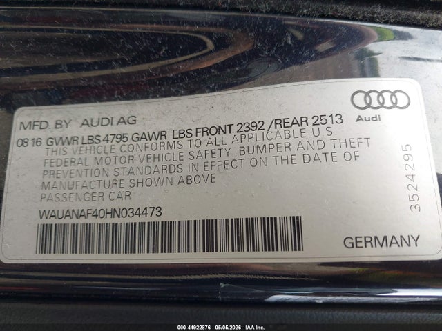 Продаж на аукціоні авто 2017 Audi A4 2.0t Premium, vin: WAUANAF40HN034473, номер лоту: 44922876